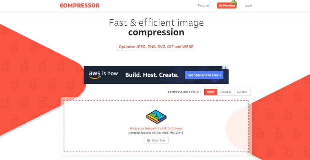 Captura de pantalla del sitio web compressor.io. En ella se muestra la herramienta para comprimir imágenes.