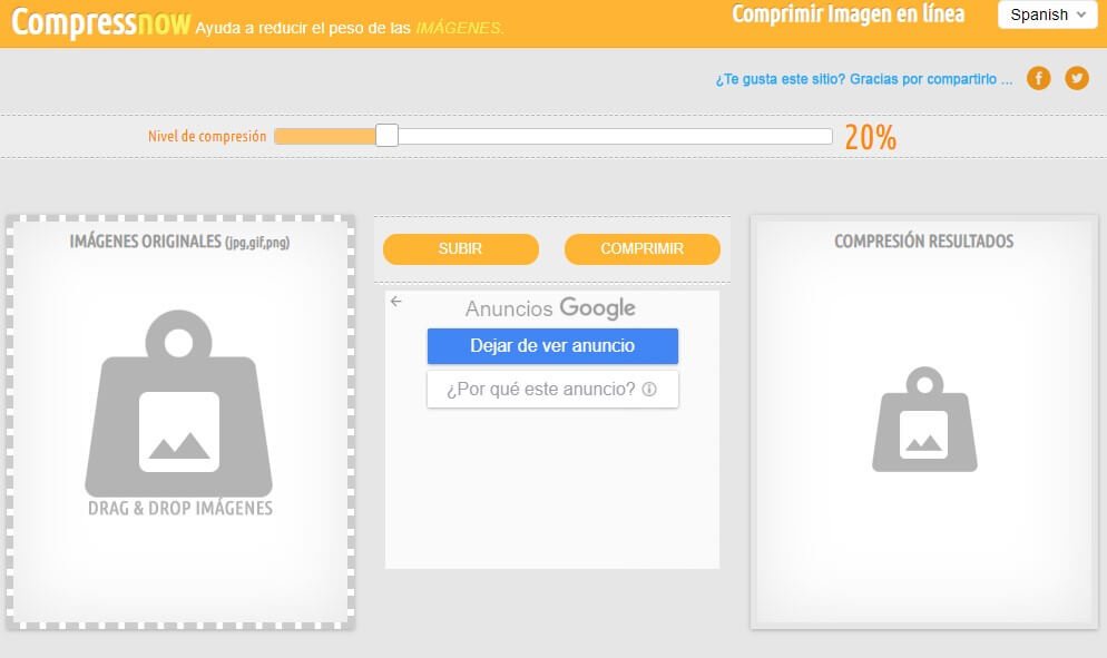 Captura de pantalla del sitio web Compressnow. En ella se muestra la herramienta para comprimir imágenes.