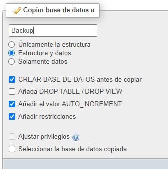 Ajustes para hacer una copia de seguridad de la base de datos de un sitio web.